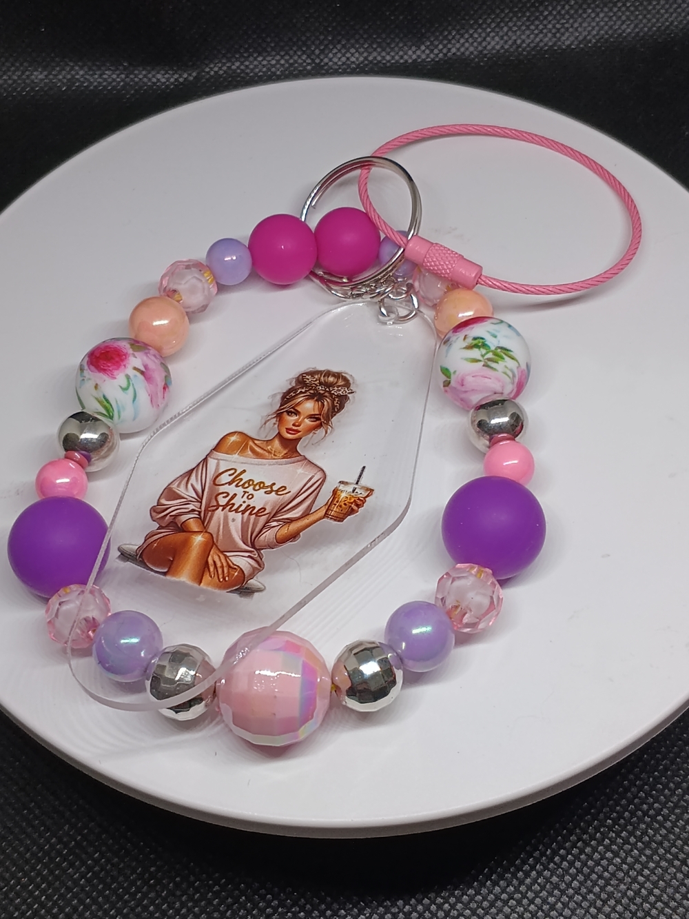 Beaded Pink & Purple Keychain with Floral Accents